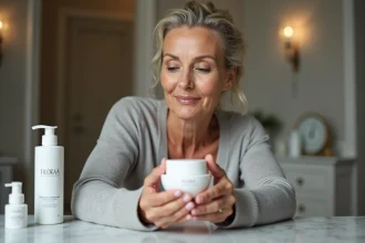 Femme d'une quarantaine d'années tenant un pot de crème Filorga anti-rides sur une coiffeuse en marbre