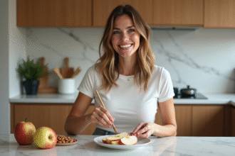 Femme souriante préparant une collation saine dans la cuisine
