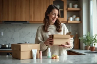 Femme déballant produits de beauté dans cuisine moderne