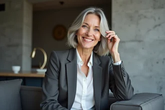 Femme élégante en blazer gris et blouse blanche