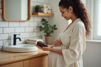 Femme enceinte tenant un savon d'Alep naturel dans une salle de bain épurée