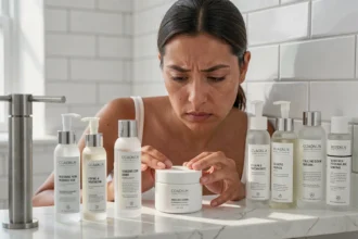 Femme examinant avec scepticisme un pot de crème Nuvaskin sur une étagère de salle de bain avec des alternatives en arrière-plan