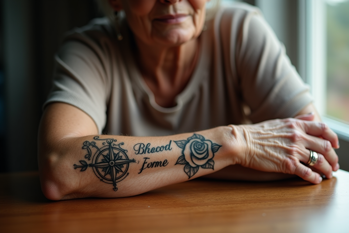 Femme âgée avec tatouages roses et citation en intérieur