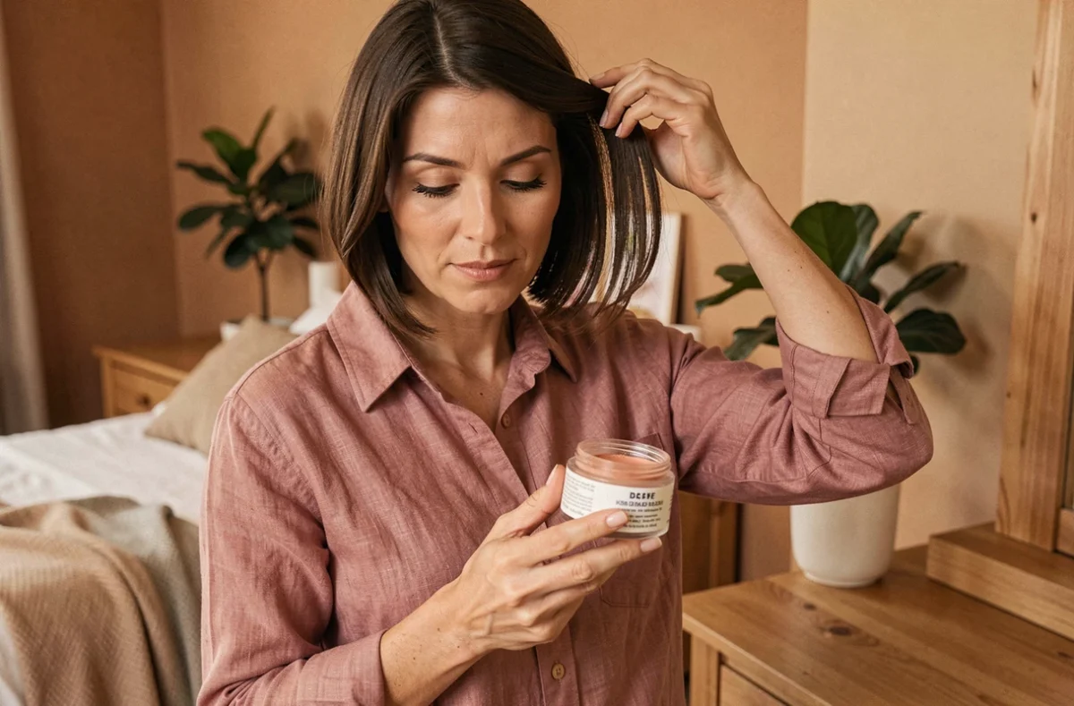 Femme avec un carré court appliquant du gel en poudre devant une coiffeuse en bois dans une chambre