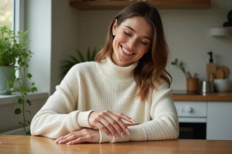 Femme souriante appliquant creme mains dans une cuisine chaleureuse