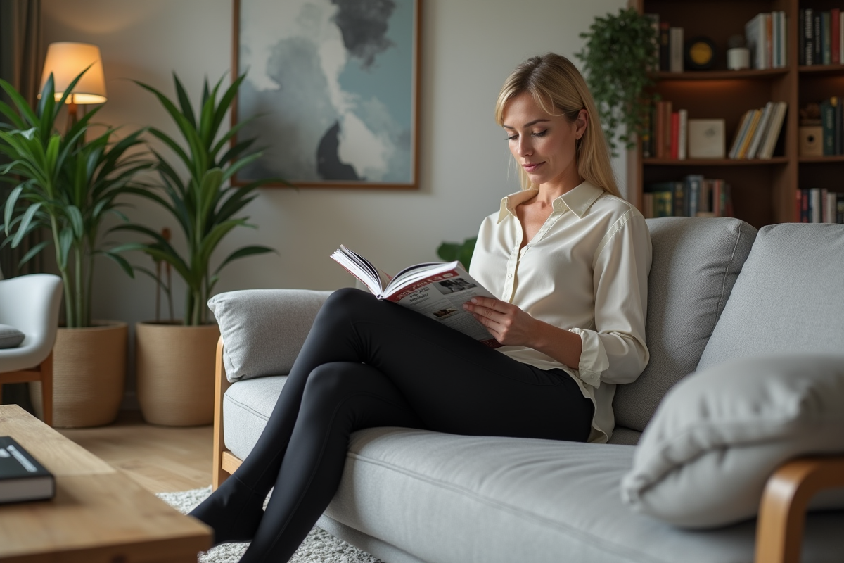 Femme détendue en legging dans un salon contemporain