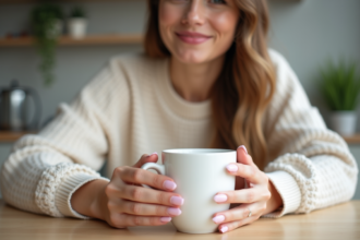 Femme souriante avec ongles pastel dans une cuisine moderne