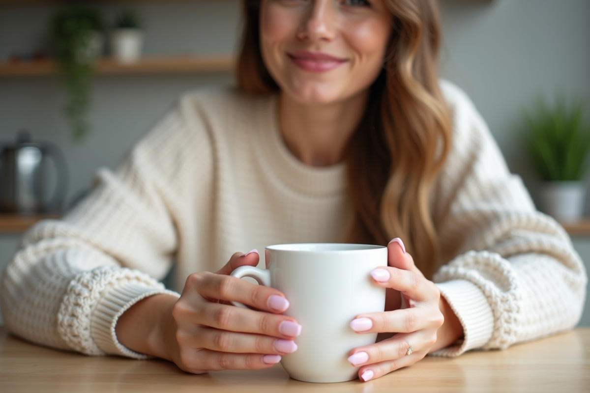 Femme souriante avec ongles pastel dans une cuisine moderne