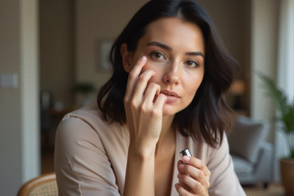Femme appliquant du fond de teint naturel dans un intérieur moderne