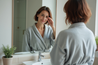 Femme en peignoir gris se réveillant devant miroir