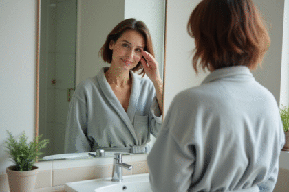 Femme en peignoir gris se réveillant devant miroir