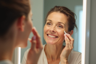 Femme mature souriante appliquant correcteur dans la salle de bain