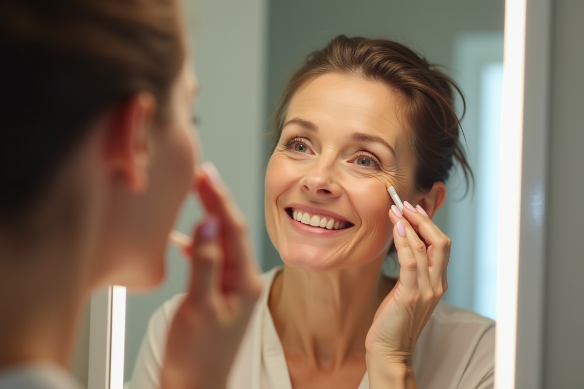 Femme mature souriante appliquant correcteur dans la salle de bain