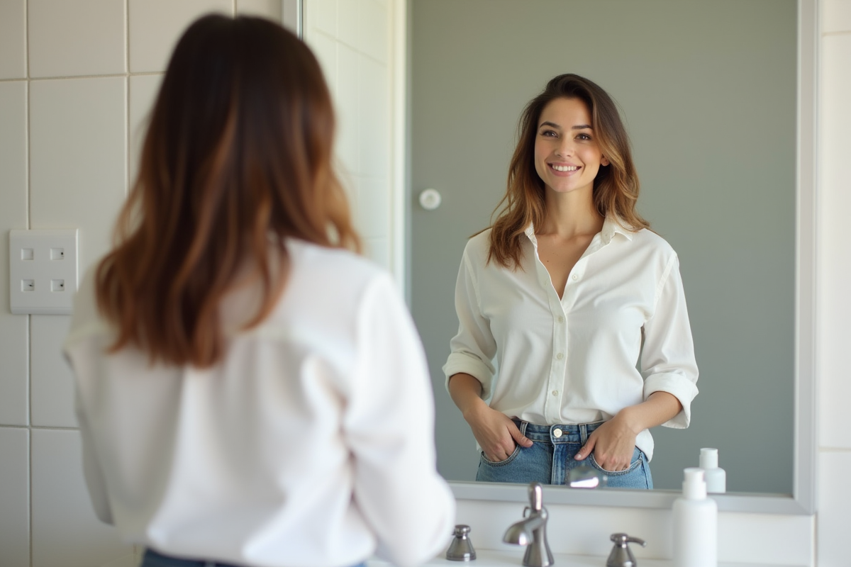 Jeune femme souriante regardant son reflet dans le miroir de la salle de bain