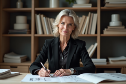 Femme élégante en bureau avec croquis et livres de mode