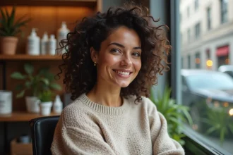 Femme aux cheveux bouclés et mullet moderne dans un salon chaleureux