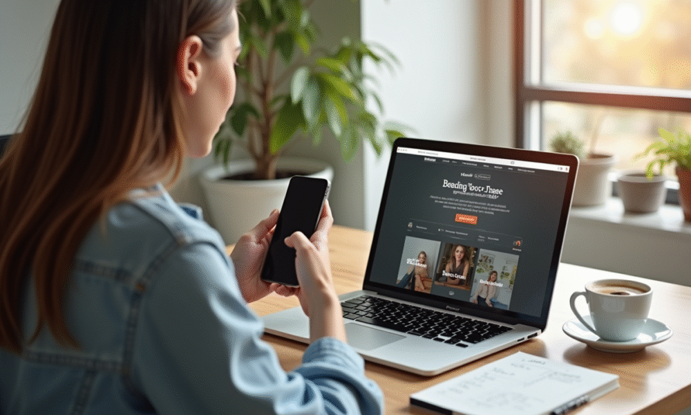 Jeune femme utilisant un ordinateur et smartphone pour vendre sur Vinted