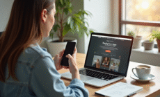 Jeune femme utilisant un ordinateur et smartphone pour vendre sur Vinted