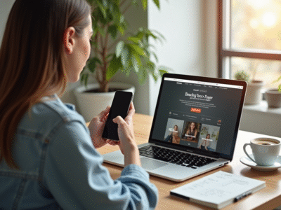 Jeune femme utilisant un ordinateur et smartphone pour vendre sur Vinted