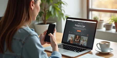Jeune femme utilisant un ordinateur et smartphone pour vendre sur Vinted