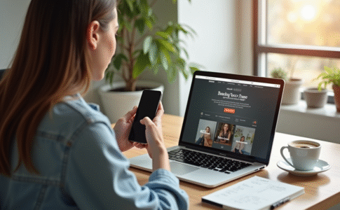 Jeune femme utilisant un ordinateur et smartphone pour vendre sur Vinted