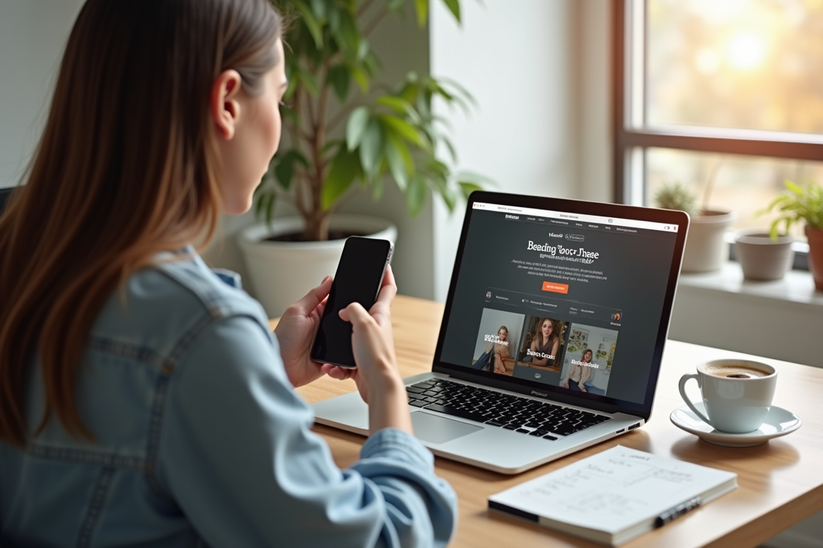 Jeune femme utilisant un ordinateur et smartphone pour vendre sur Vinted