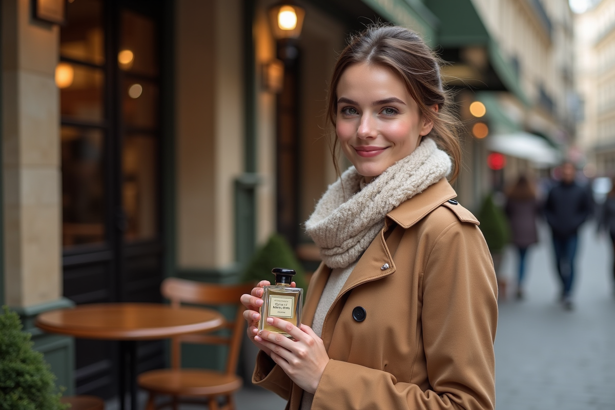Jeune femme avec parfum devant un café parisien