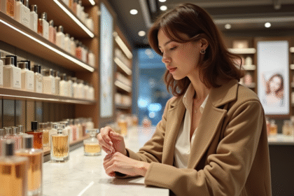 Femme élégante testant un parfum en magasin