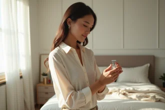 Femme élégante appliquant du parfum dans une chambre lumineuse