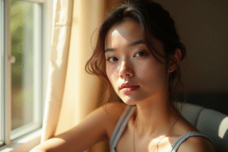 Femme à la peau lumineuse et regard naturel en lumière douce