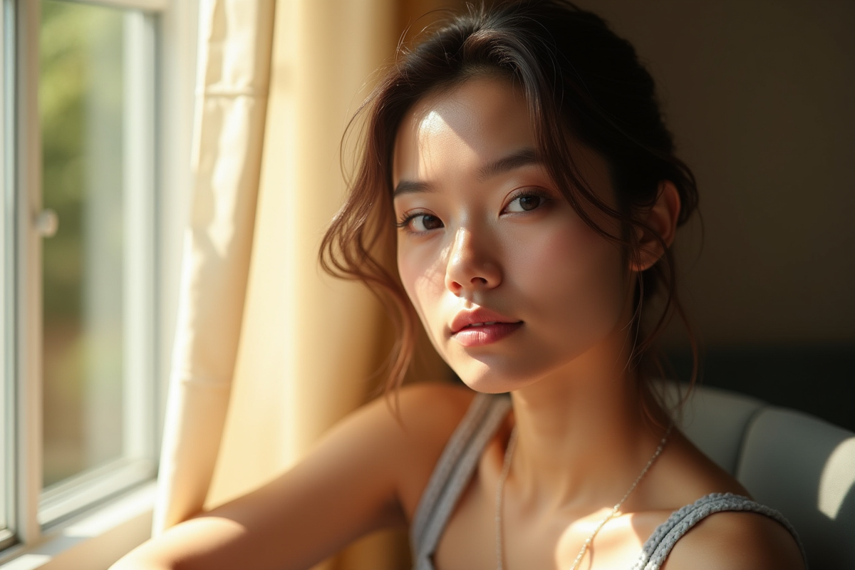 Femme à la peau lumineuse et regard naturel en lumière douce