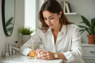 Femme élégante examinant deux parfums dans un appartement lumineux