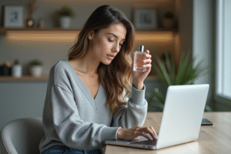 Femme examinant un parfum sur son ordinateur portable