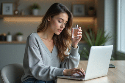 Femme examinant un parfum sur son ordinateur portable