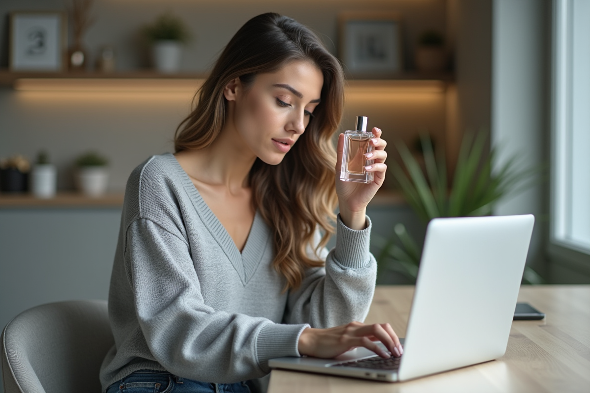 Femme examinant un parfum sur son ordinateur portable