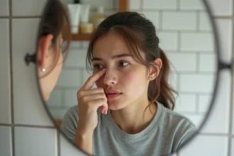 Jeune femme examinant son piercing au nez avec une légère rougeur autour du bijou dans un miroir de salle de bain