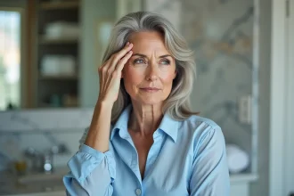 Femme d'âge moyen se regardant dans le miroir dans une salle de bain élégante