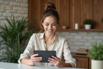 Femme détendue utilisant une tablette dans un salon de massage à Toulouse