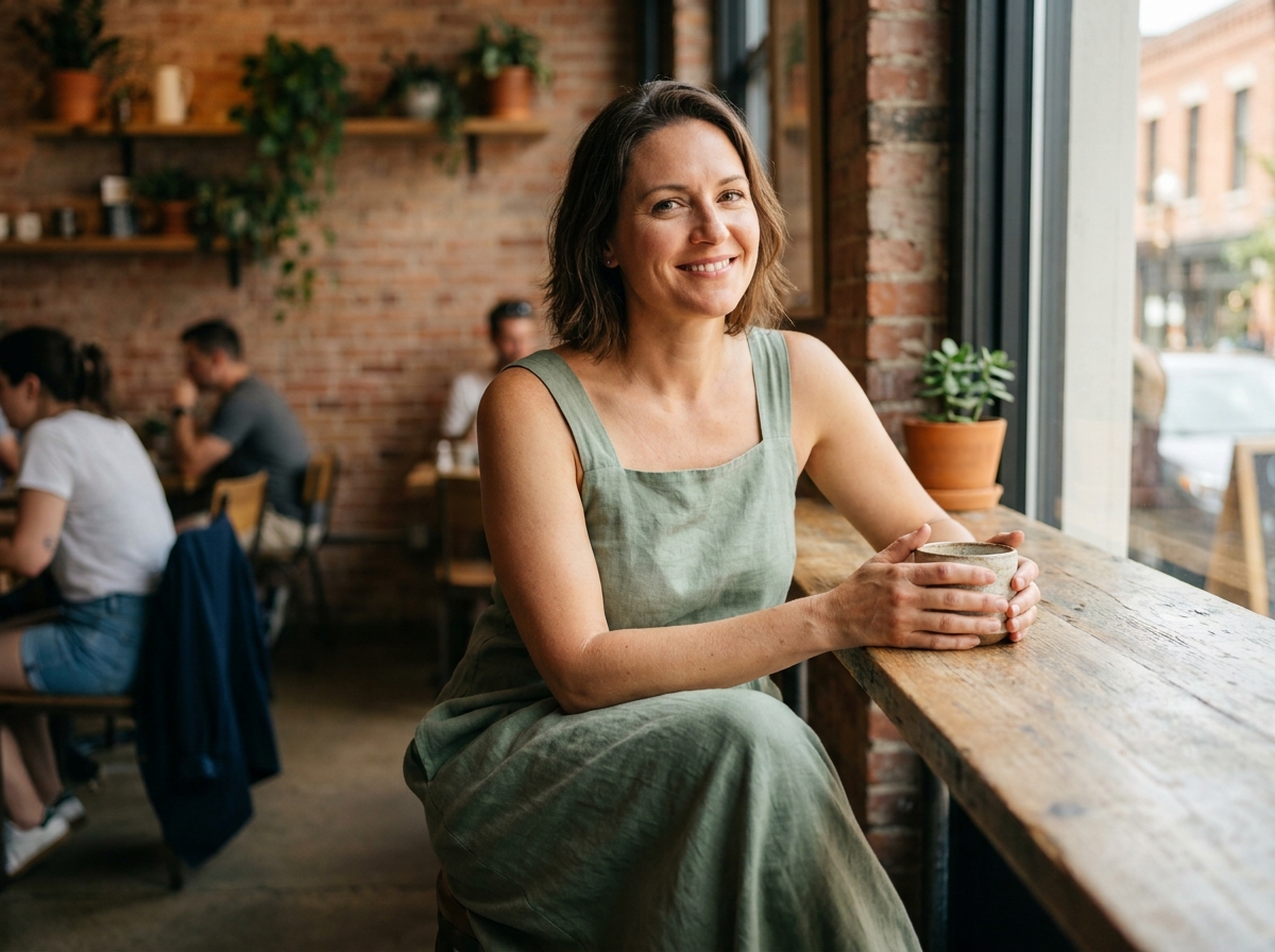 Femme sereine en robe longue en lin vert sauge assise dans un café, symbolisant le confort et la féminité des robes maxi au quotidien