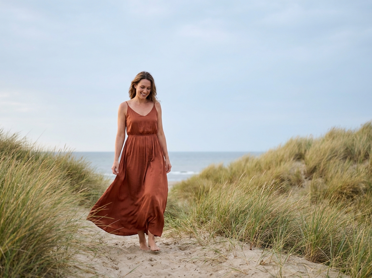Femme en robe longue terracotta marchant librement sur un sentier côtier, évoquant la légèreté et la sérénité procurées par les robes maxi en bord de mer