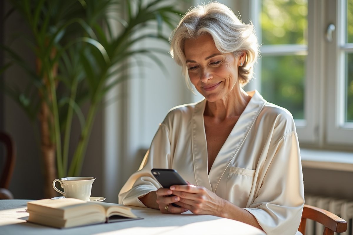 Femme élégante en robe de satin au dîner près d