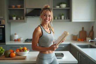 Femme souriante en tenue de sport dans la cuisine saine