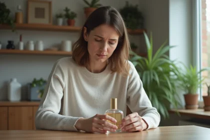 Femme examinant un parfum dans un intérieur moderne