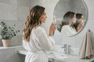 Femme aux cheveux ondulés appliquant un sea salt spray dans une salle de bain minimaliste pour remplacer la laque