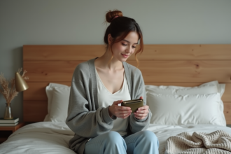 Femme assise sur le lit avec une pochette en velours dans une chambre moderne