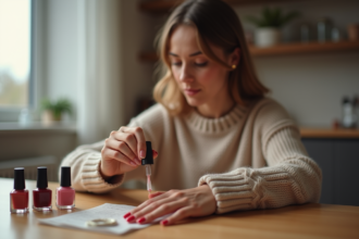Femme appliquant du vernis à ongles dans un intérieur moderne