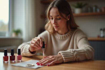 Femme appliquant du vernis à ongles dans un intérieur moderne
