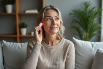 Femme utilisant un laser visage dans un salon moderne