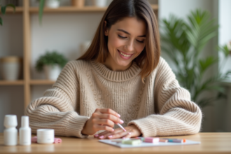 Femme souriante appliquant du gel sur ses ongles dans un salon lumineux
