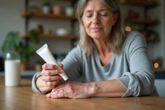 Femme appliquant une crème hydratante sur une peau sensible et abîmée par les traitements médicaux